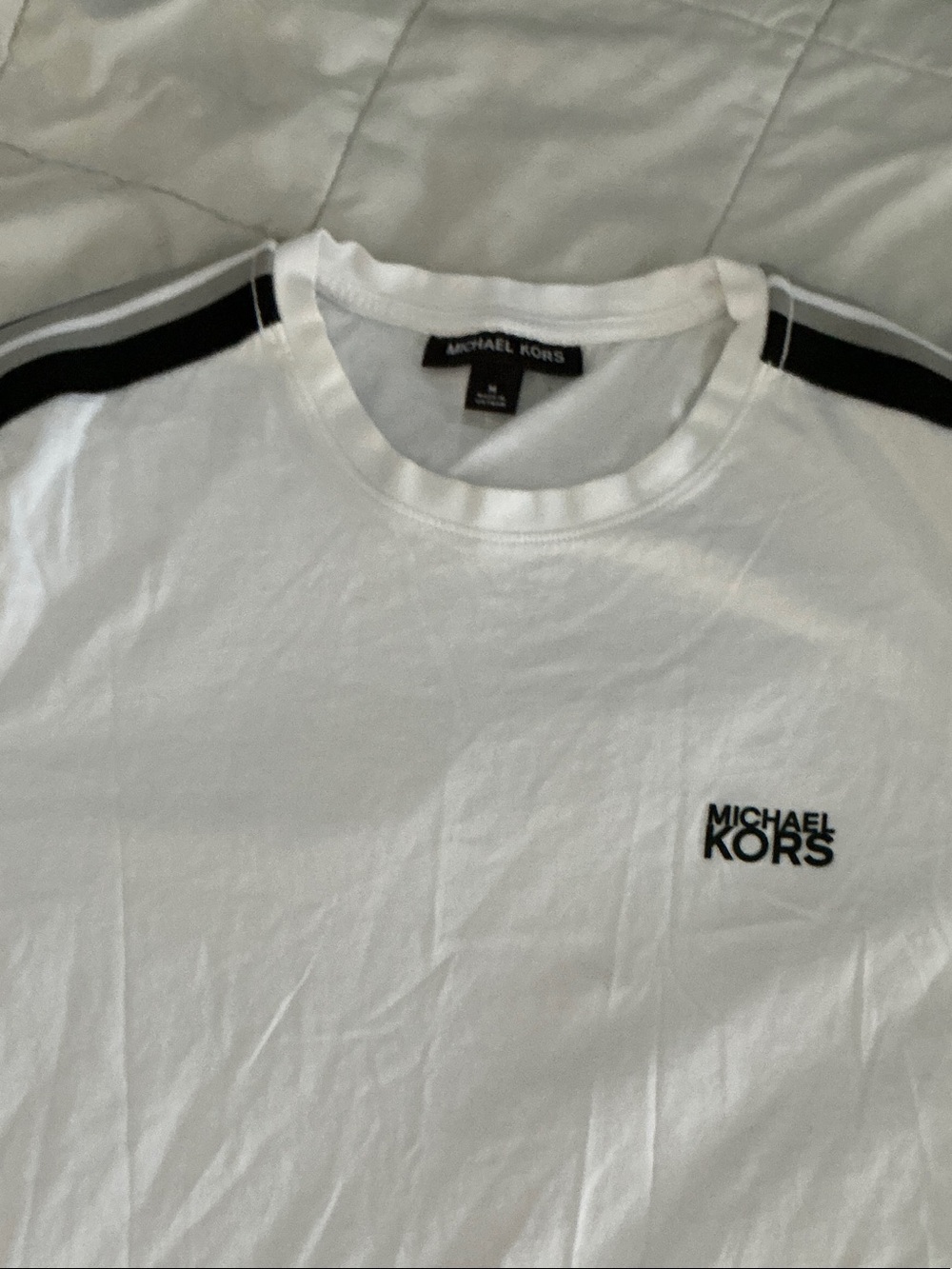 Michael Kors White Short Sleeve Crew Tee with Black Shoulder Stripes